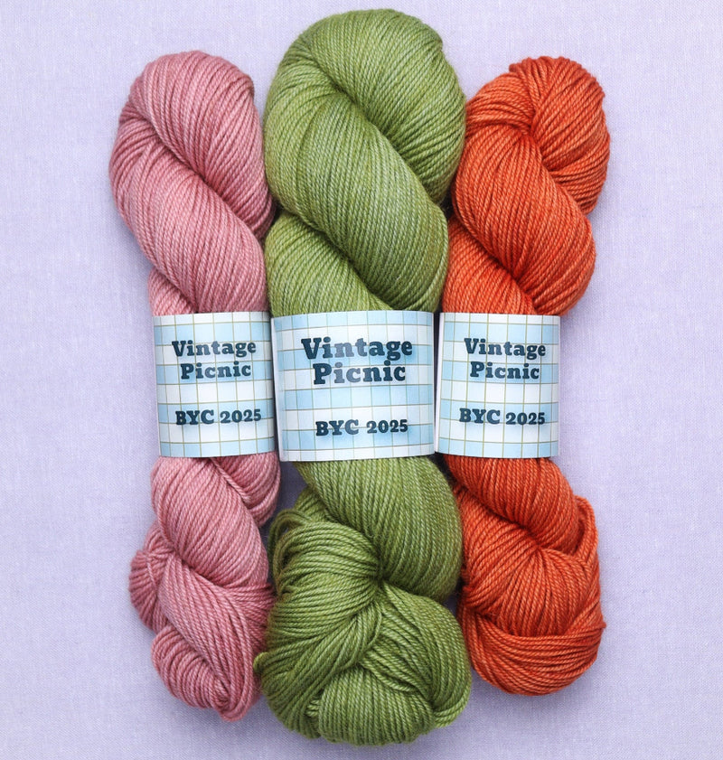 Three skeins of vintage picnic yarn: cupcake, touch grass, carrot cake