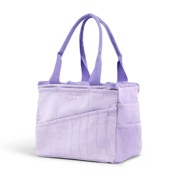 Purple tote bag with Soolia branding on a white background