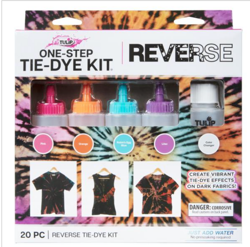 Image of reverse tie dye kit which features dark clothing with tie dye patterns
